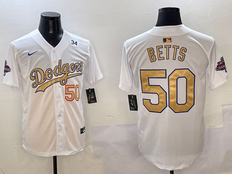 Men Los Angeles Dodgers #50 Betts White Champion gold character 2025 Nike MLB Jersey style 4->los angeles dodgers->MLB Jersey